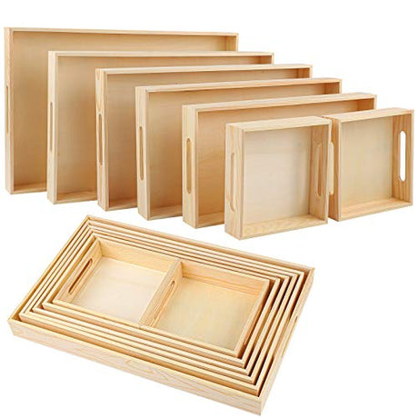 Aodaer 7 Pieces Wooden Nested Serving Trays Rectangular Shape Wood Trays Serving Trays with Handles for Kitchen Party Dinner Snacks Aodaer