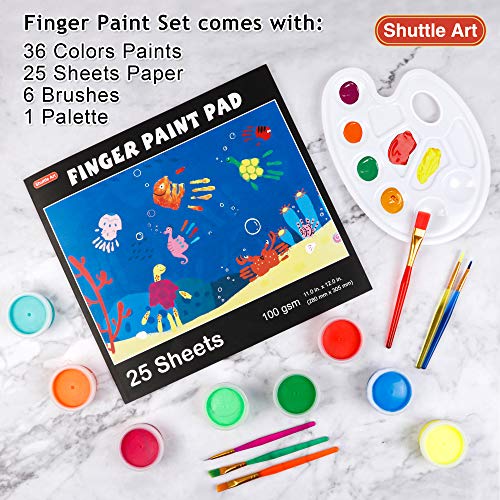 Shuttle Art Washable Finger Paint, 44 Pack Kids Paint Set with 36 Colors Toddler Paints(30ml, 1oz) for Toddlers, Paint Brushes, Finger Paint Paper Shuttle Art