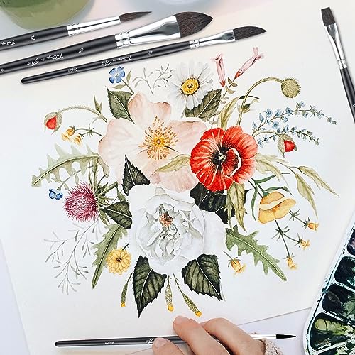 Falling in Art 10Pcs Soft Synthetic Squirrel Hair Paint Brushes - Professional Watercolor Brush Set with Short Handles - Round, Flat, Dagger, Oval Falling in Art