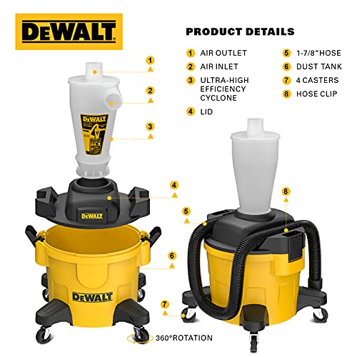 DEWALT Dust Separator with 6 Gallon Poly Tank, 99.5% Efficiency Cyclone Dust Collector, High-Performance Cycle Powder Collector Filter, DXVCS002 ,