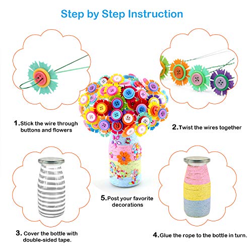 Crafts for Girls Ages 4-12 Gift Make Your Own Flower Bouquet with Buttons Felt Flowers, Christmas gift Vase Art and Craft for Children - DIY Activity