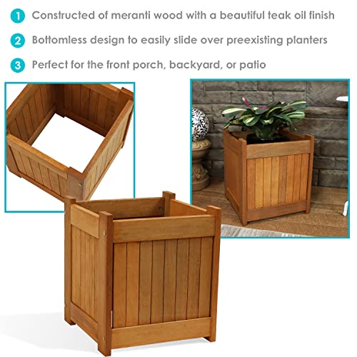 Sunnydaze Meranti Wood 16-Inch Square Planter Box with Teak Oil Finish - Set of 2 - WoodArtSupply