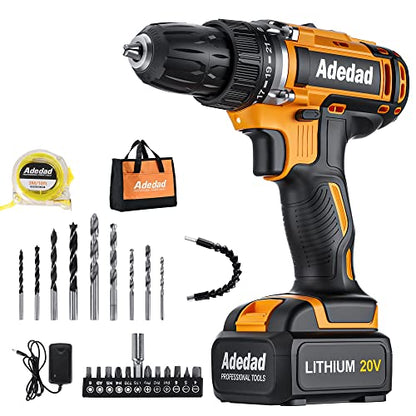 Adedad 20V Cordless Drill Set Electric Power Drill Kit with Battery and Charger, 3/8 Inch Keyless Chuck, 21+1 Position,2 Variable Speed, LED Light - WoodArtSupply