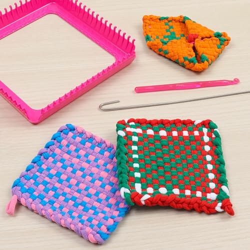 DIY Weaving Loom Craft Kit for Kids Adults - Easy Beginner Friendly - Rainbow Color Loops to Make 7 Potholders - Ideal Birthday Gift