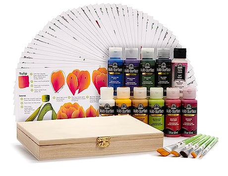 FolkArt Z' Floral One Stroke Kit, Including 10 Multi-Surface Paints, 5 Brushes, 50 Full-Color Teaching Guides, 1 Floating Medium, and a Wood Storage FolkArt