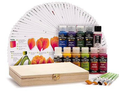 FolkArt Z' Floral One Stroke Kit, Including 10 Multi-Surface Paints, 5 Brushes, 50 Full-Color Teaching Guides, 1 Floating Medium, and a Wood Storage