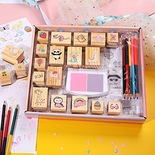 Unicorn Wooden Stamp and Sticker Set for Girls, Unicorn, Mermaid, Panda, Alpaca, Sloth, Cats, Rainbow, Butterfly Stamps, Activity Craft Set for Girls YOYTOO