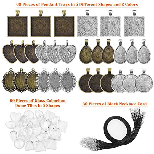 anezus Pendant Trays with Glass Cabochons for Jewelry Making, 90pcs Pendants Trays Set Including 30pcs Bezel Pendant Trays Blanks, 30pcs Glass anezus