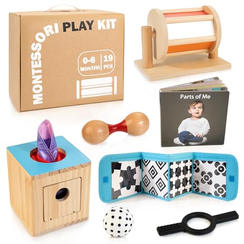 WOODMAM Montessori Toys for Babies 0-6 Months, 8 in 1 Learning Educational Sensory Toys for Newborn 0-3-6 Months, Includes Tissue Box, High Contrast