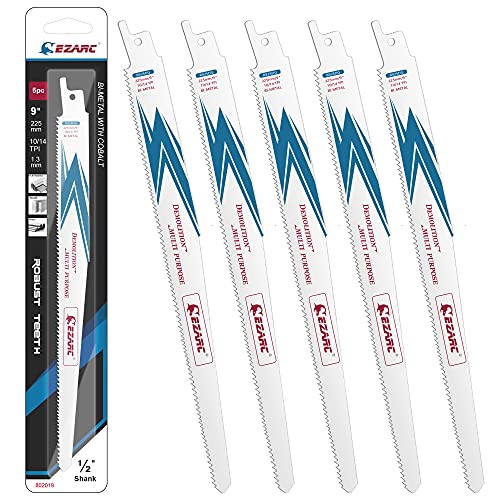 EZARC Reciprocating Saw Blade Bi-Metal Cobalt Sabre Saw Blades for Multi-Purpose 9-Inch 10/14TPI R925DG (5-Pack) EZARC