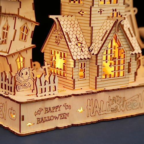 3D Wooden Halloween Haunted House Puzzles, Wood Creative Glow in The Dark Haunted House Puzzle, Assembly Model Building Kits to Build for Adults & varbertos