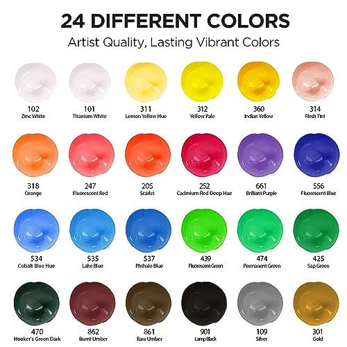 HUAL Premium Acrylic Paint Set With 5 Brushes, 24 Colors (60ml, 2oz), Non Toxic, Waterproof, Acrylic Paint Kit for Professional Artists Kids Students HUAL