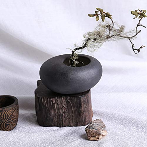 WANDIC Flower Arrangement Vase Kit, Black Pebble Ceramic Planter Pot with 4cm Kenzan Flower Frog Pottery Floral Arranging Pin Needle Holder for Desk WANDIC