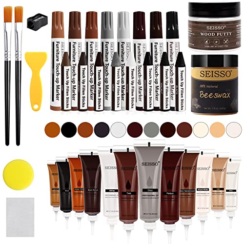 SEISSO Wood Furniture Repair Kit -12 Wood Fillers with Wood Putty and Touch Up Markers Wax Fillers Beeswax for Hole, Scratch, Cracks Cover Wooden SEISSO