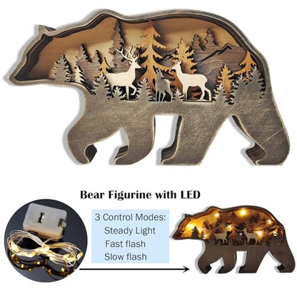 MIYOLO Light Up Bear Art Decor Wooden Brown Bear Figurine with LED Home Shelf Desk Decorations Rustic Multi-Layer Bear Crafts - WoodArtSupply