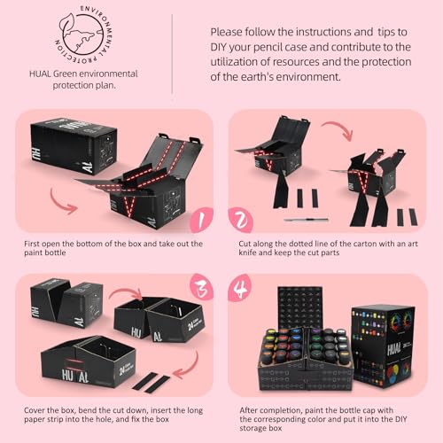 HUAL Premium Acrylic Paint Set With 5 Brushes, 24 Colors (60ml, 2oz), Non Toxic, Waterproof, Acrylic Paint Kit for Professional Artists Kids Students HUAL