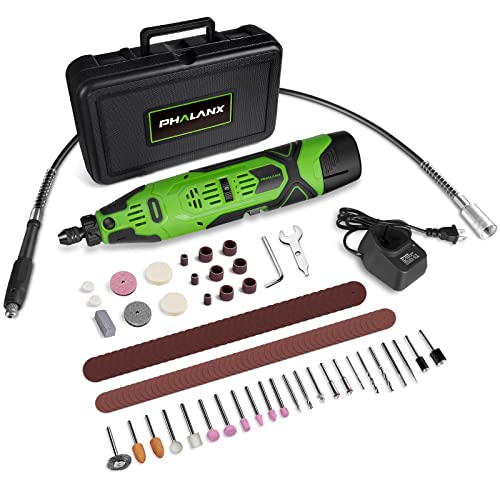 PHALANX 12V Cordless Rotary Tool Kit with Keyless Chuck, 6-Speeds 5000-32000RPM, 119 Accessories with Flex Shaft, Idea for Cutting, Grinding, Wood - WoodArtSupply