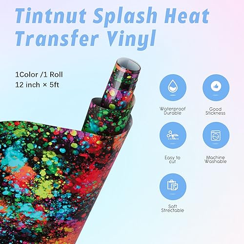 Tintnut Splash Heat Transfer Vinyl Roll - 12 Inch * 5ft Mutilcolor Watercolor Ink Patterned HTV Splatter Iron On Vinyl DIY T-Shirts Hats Clothes Tintnut