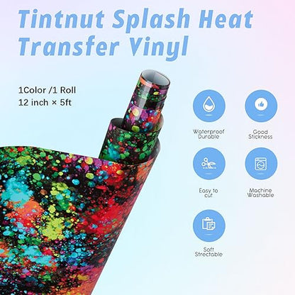 Tintnut Splash Heat Transfer Vinyl Roll - 12 Inch * 5ft Mutilcolor Watercolor Ink Patterned HTV Splatter Iron On Vinyl DIY T-Shirts Hats Clothes - WoodArtSupply