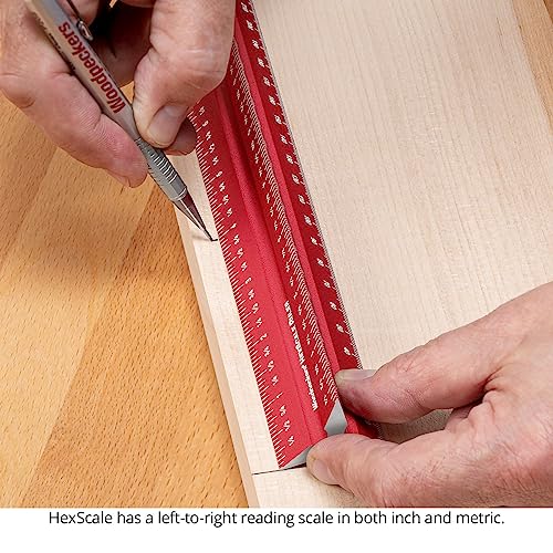 Woodpeckers Hexscale Rule, 12 Inch / 300MM, 6-in-1 Woodworking Ruler with Stop, Inch & MM Graduations, Zero Centering Scale, R2L & L2R Measuring Woodpeckers