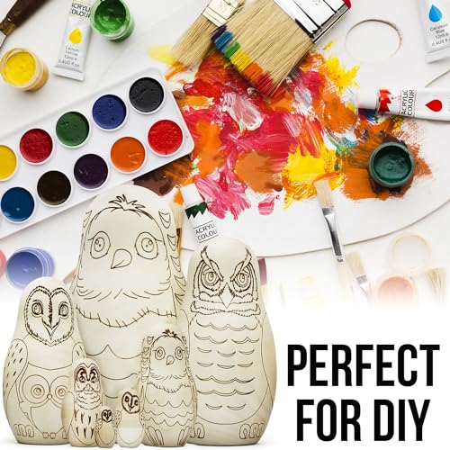 AEVVV Owl Craft Blank Russian Nesting Dolls Set 7 pcs - Unfinished Wood Crafts Paint Your Own Matryoshka Owl Figurines - Blank Owl Nesting Dolls AEVVV