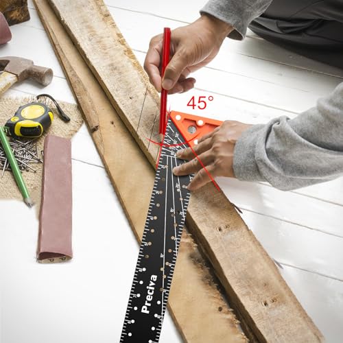 12” Woodworking Square Ruler - Preciva Right Angle Ruler Carpenter Square Layout Tool, Features Stainless Steel Blade, Retractable Ledge, 1/16” and Preciva