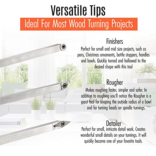 Full Size Professional Carbide Wood Turning Tools for Lathe Woodworking, 4 Pc. Set, Heavy Duty Rougher, Finishers, Detailer, and Replacement Cutting KUTR