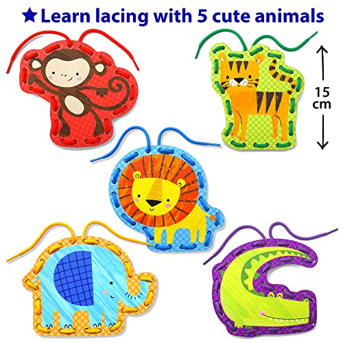 KRAFUN Beginner Preschool Lacing Card Kit for Kids Arts & Crafts, 5 Easy Safari and Animal Lacing Projects, Lacing Cards for Toddlers, Fine Motor - WoodArtSupply