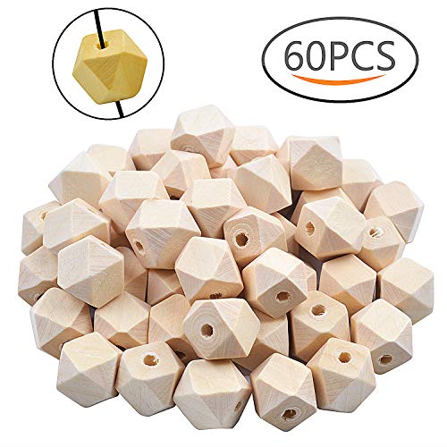 Jdesun 60 Pieces Geometric Shape Wood Beads, 0.55 Inches Unfinished Wooden Spacer Beads Craft Balls for DIY Arts Projects Jewelry Making Jdesun