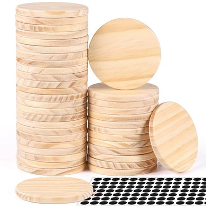42 Pieces Unfinished Wood Coasters, 4 Inch Round Blank Wooden Coasters for Crafts with Non-Slip Silicon Dots for DIY Stained Painting Wood Engraving