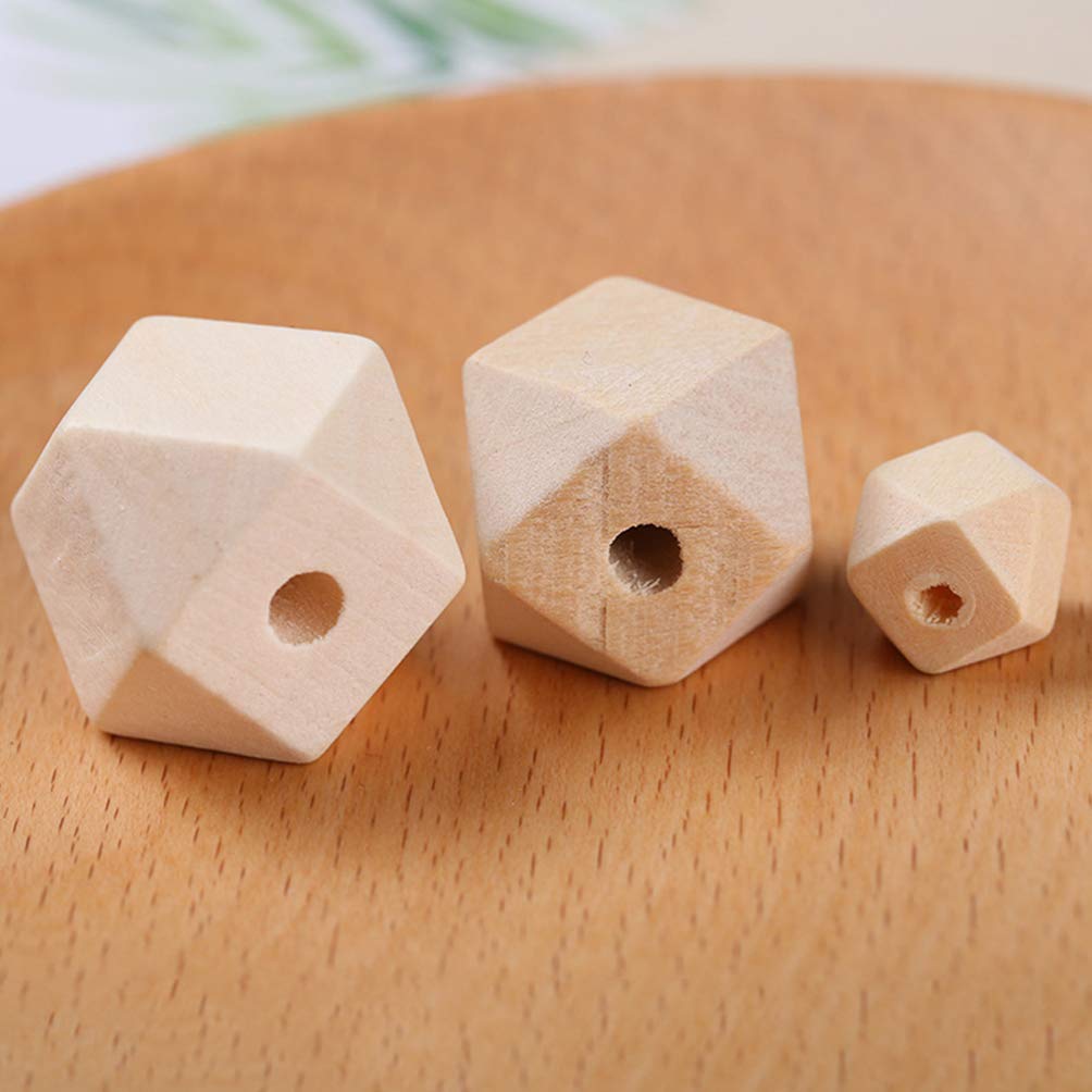SUPVOX 100PCS Unpainted Faceted Geometric Wood Beads-12mm Natural Color Polygons Shape DIY Wooden Spacer Beads with Hole for Handmade Necklace