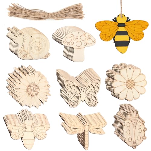 Framendino, 80 Pack Wooden Spring Ornaments to Paint DIY Blank Unfinished Wood Cutouts Ornament for Home Crafts Hanging Decorations Insect Dragonfly Framendino