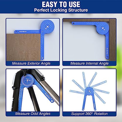 WORKPRO Aluminum Miter Saw Protractor, 7.3 Inch Angle Finder Featuring Precision Laser Engraved Scales for Inside and Outside Corner, Carpenters, - WoodArtSupply