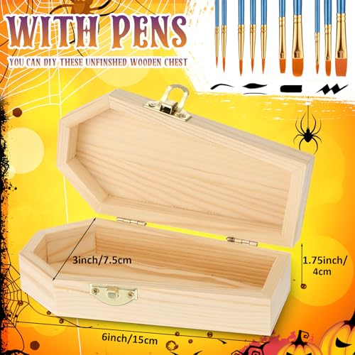 Sintuff 12 Pieces Unfinished Halloween Coffin Boxes with 10 Art Brushes 6 Inch Unfinished Wood Funeral Treasure Chest with Locking Clasp for Sintuff