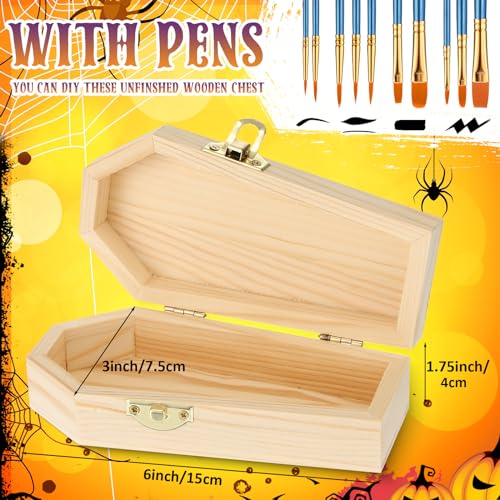 Sintuff 12 Pieces Unfinished Halloween Coffin Boxes with 10 Art Brushes 6 Inch Unfinished Wood Funeral Treasure Chest with Locking Clasp for