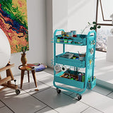 DESIGNA 3-Tier Utility Storage Rolling Cart with Removable Pegboard & Extra Storage Baskets Hooks, Metal Craft Art Carts for Gift Home Office, Teal DESIGNA