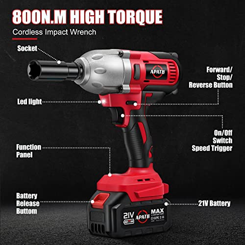 APATB 1/2 inch Impact Wrench, Max Torque 800N.m(580Ft-lbs) Cordless Brushless Impact Wrench, 3300RPM High Torque Electric Impact Gun with 2x 4.0Ah - WoodArtSupply