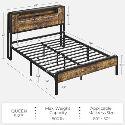 Yaheetech Queen Bed Frame Metal Bed with Wooden Headboard/Footboard, Storage Space and Adjustable LED Light, Mattress Foundation, Charging