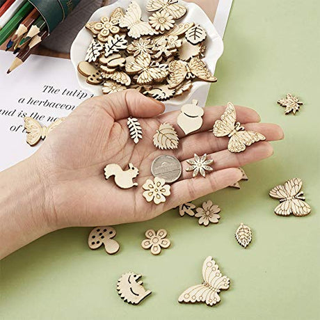 Elecrelive 300pcs Assorted Unfinished Wooden Cutouts Flower Leaf Butterfly Small Blank Wood Slice Pieces Ornaments Hanging Embellishments for DIY Art EEE ELECRELIVE