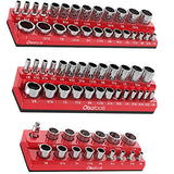 Olsa Tools Magnetic Socket Organizers | 3 Piece Set Socket Holder Kit | 1/2-inch, 3/8-inch, & 1/4-inch Drive | SAE Red | Holds 68 Sockets | Olsa Tools