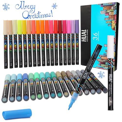 HUAL Acrylic Paint Markers Paint Pens 36 Colors, Premium Medium Tip Acrylic Paint Pens for Rock Painting, Stone, Glass, Wood, Fabric, Canvas, Metal, - WoodArtSupply