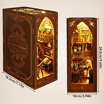 3D Wooden Puzzle Bookends, DIY Book Nook Kit, Magic Book House Model Building Kit Insert Decor with Sensor Light, Stand Bookshelf for Home Decorative