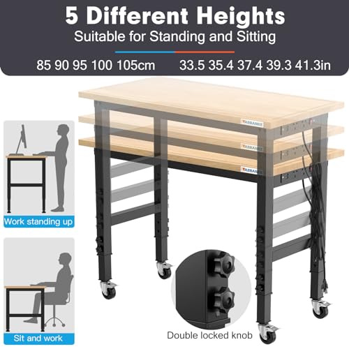 LARBANKE 48" Adjustable Workbench,Rubber Wood Workstation with Graduated Lines,Heights from 33.5” to 41.3”,2000 LBS Load Capacity Hardwood LARBANKE
