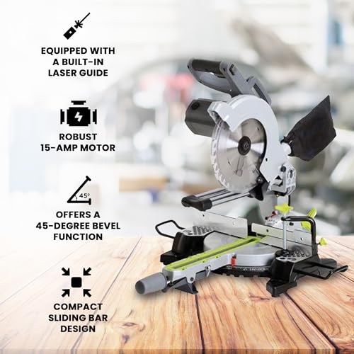 Master Mechanic 10 Inch Compact Electric Sliding Circular Miter Saw with 15A Motor, 4500 RPM, 45 Degree Bevel, Aluminum Base, and Laser Guide - WoodArtSupply