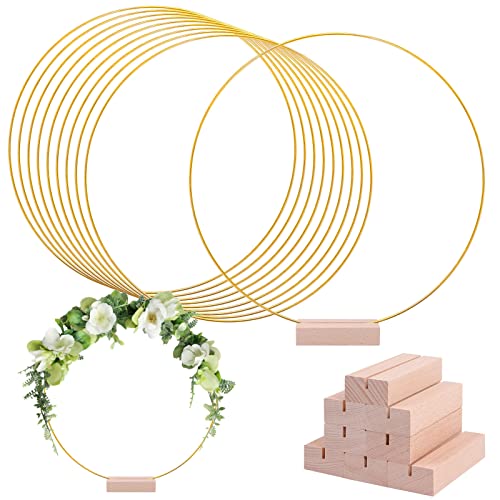 AOBOPLE 10 Pack 12 Inch Large Metal Floral Hoops, Metal Floral Hoop Centerpiece with 10 PCS Wood Place Card Holders, Wreath Macrame Gold Hoop Rings - WoodArtSupply