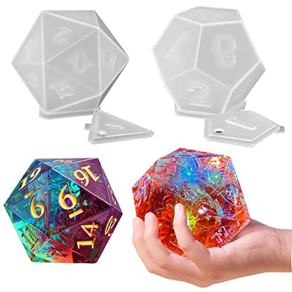 Large Dice Resin Molds, 2 Styles Silicone Dice Mold for Epoxy Resin Casting, Triangle Hexagonal D20 D12 Dice Game Mold with Number, Silicone Resin