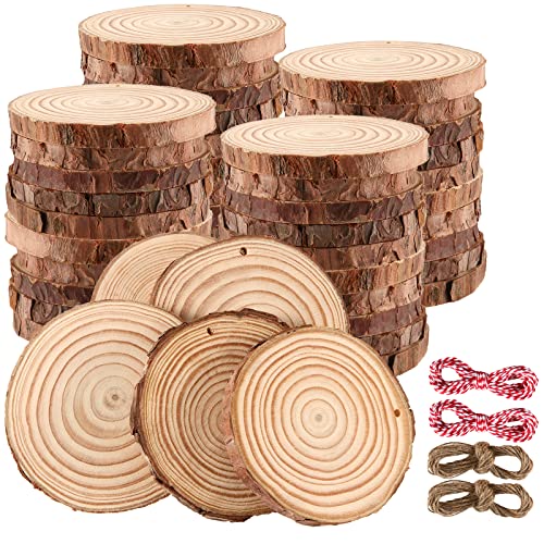 JOIKIT 50PCS 3.5-4 Inches Natural Wood Slices Bulk, 2/5" Thick Unfinished Natural Wood Circles with Pre-drilled Hole and Bark for Craft Arts, JOIKIT