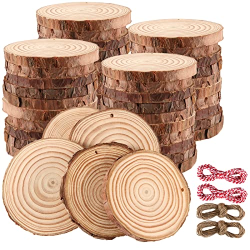 JOIKIT 50PCS 3.5-4 Inches Natural Wood Slices Bulk, 2/5" Thick Unfinished Natural Wood Circles with Pre-drilled Hole and Bark for Craft Arts,