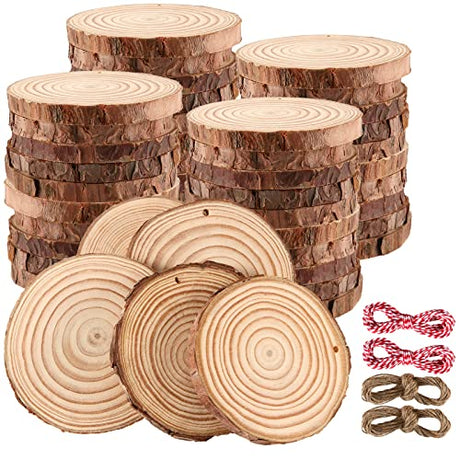 JOIKIT 50PCS 3.5-4 Inches Natural Wood Slices Bulk, 2/5" Thick Unfinished Natural Wood Circles with Pre-drilled Hole and Bark for Craft Arts, JOIKIT