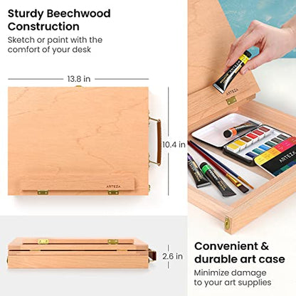 Arteza Tabletop Easel, 13.4 x 10.3 x 2 Inches, Portable Beechwood Easel Box with Single, Open-Compartment Drawer and Wooden Palette, Art Supplies